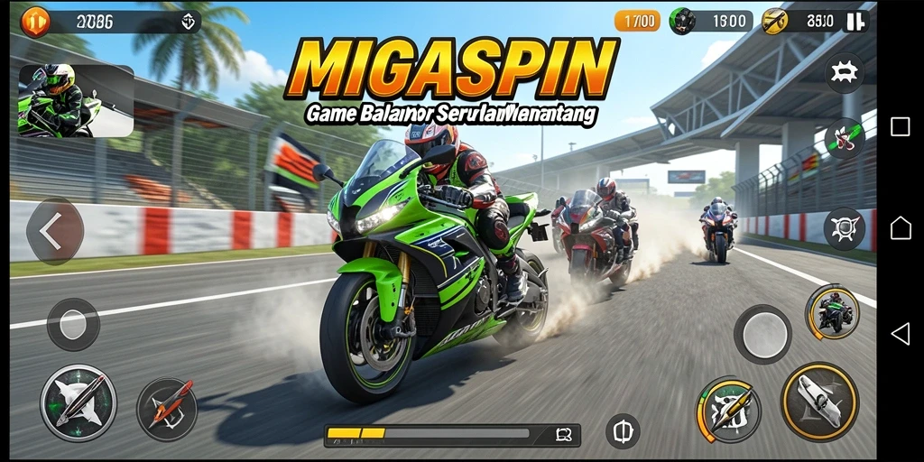 Tampilan gameplay MIGASPIN dengan aksi balap motor yang mendebarkan.